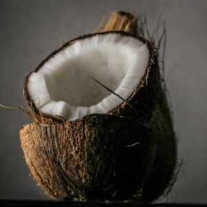 Detailed still life of a freshly opened coconut showcasing its texture and rich interior.